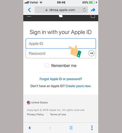 Nhập thông tin tài khoản Apple ID