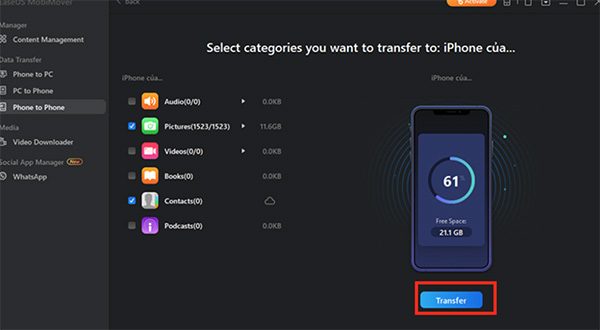 Nhấn Transfer để bắt đầu quá trình chuyển dữ liệu từ iPhone sang iPhone