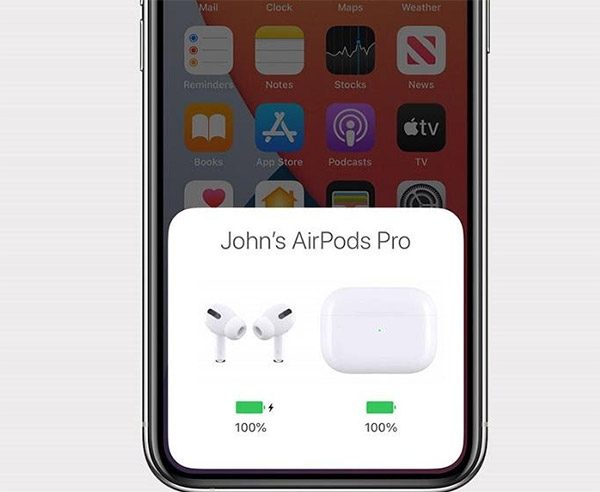 Thời lượng pin AirPods hiển thị trên iPhone.