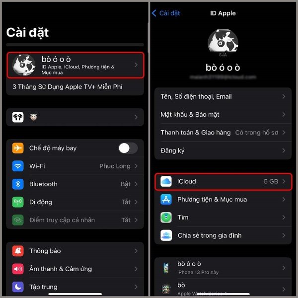 Chọn vào iCloud trong mục Cài đặt