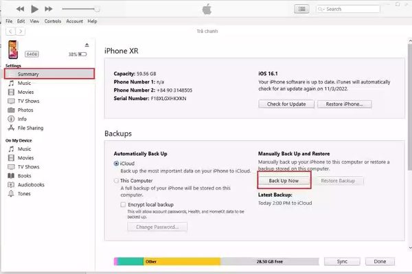 Chọn Backup Now để sao lưu dữ liệu từ iPhone cũ