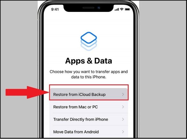 Chọn Restore from iTunes Backup trên iPhone