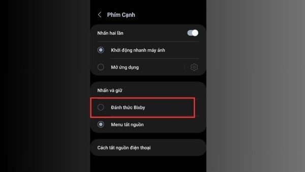 Nhấn "Phím cạnh" → chọn Đánh thức Bixby