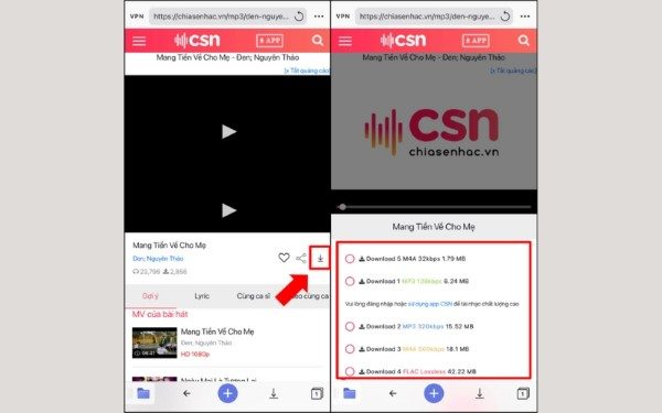 Nhấn Tải về và chọn chất lượng